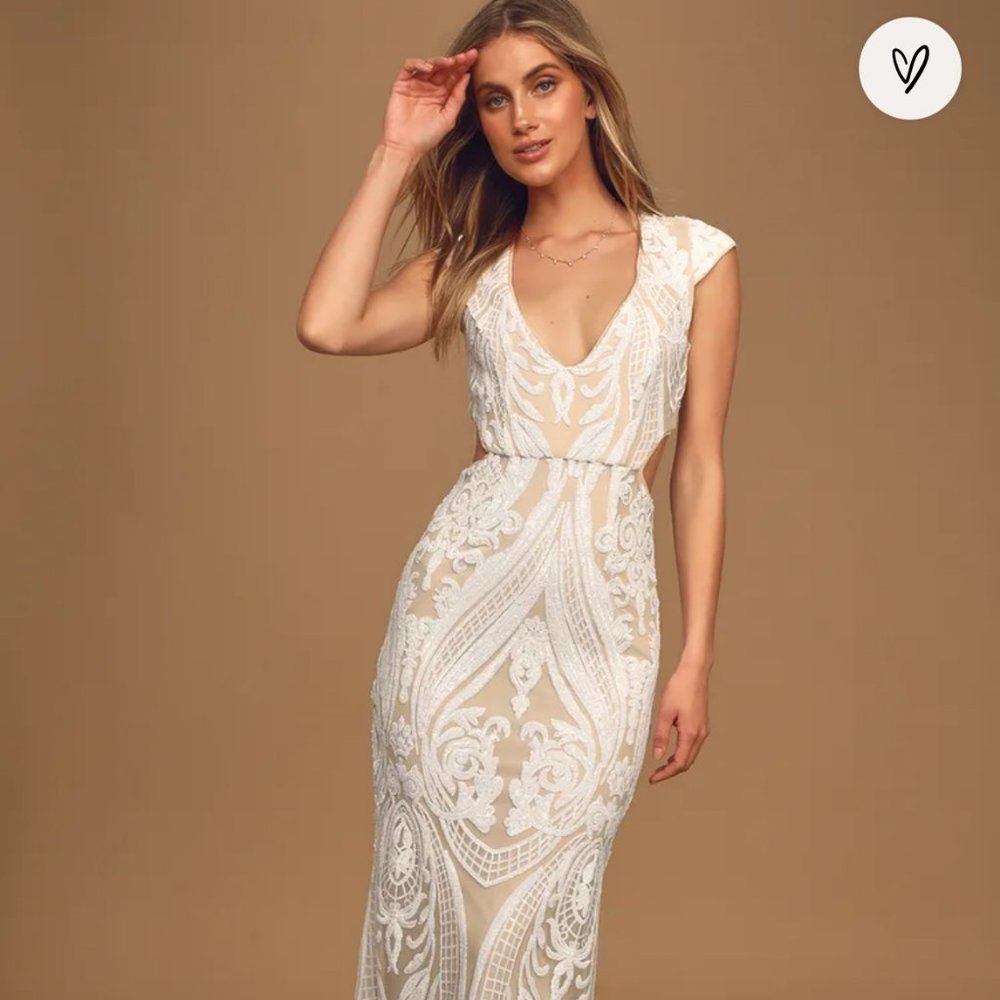 NWT Lulu's Always Adored White and Nude sequin Mermaid Maxi Dress